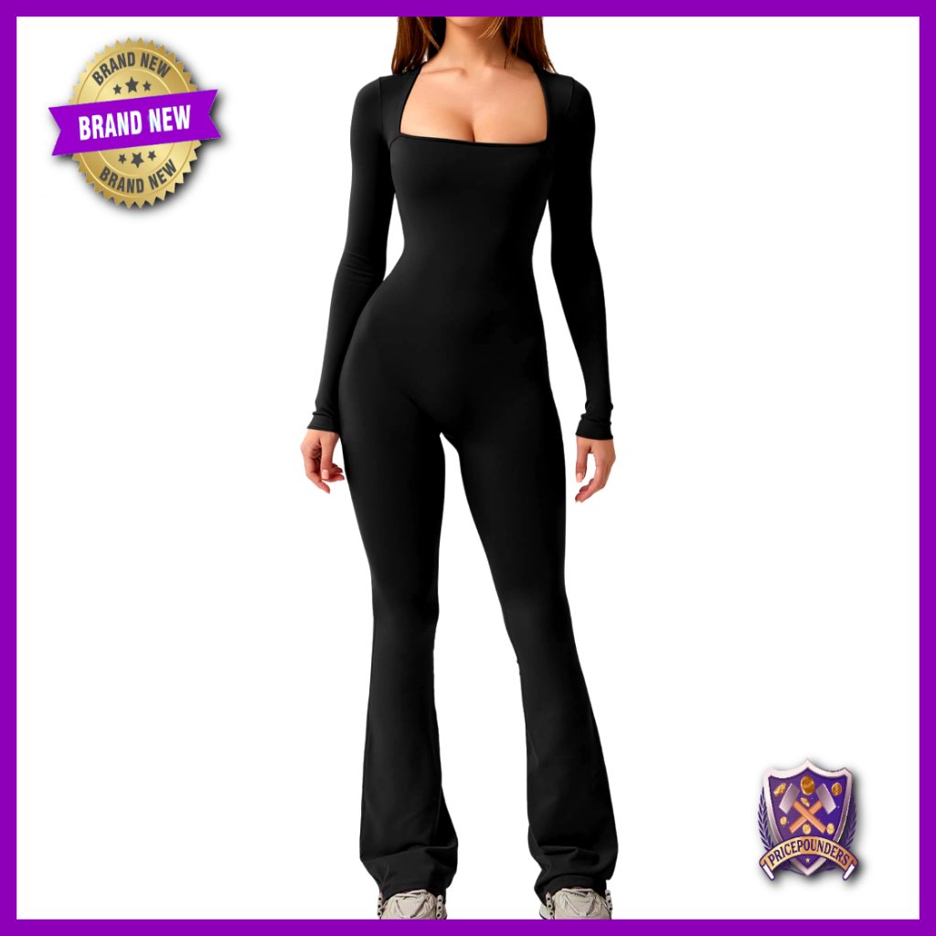 Long Sleeve Wide Leg Jumpsuit Square Neck Bodycon Fit Stretchy Fabric